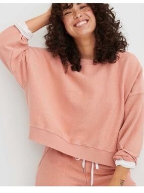 Aerie Corded Oversized Knit Pullover Crewneck Slouchy Sweatshirt Pink Small